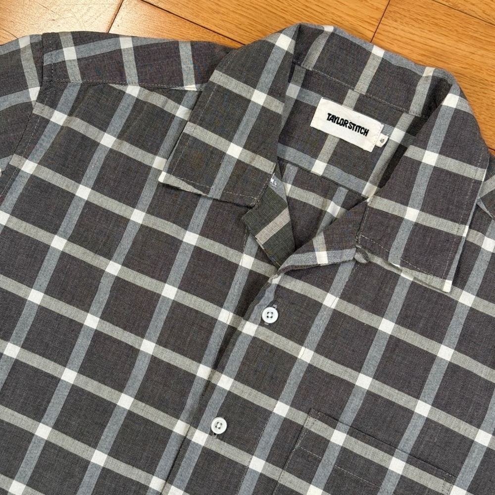 Taylor Stitch Mens‎ 40 Charcoal White Plaid Organic Cotton Camp Collar Shirt